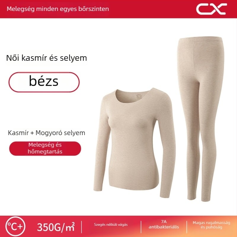 Kasmír és selyem melegítő alöltözet nőknek, hosszú ujjú felső, hosszú nadrág, extrán vastag