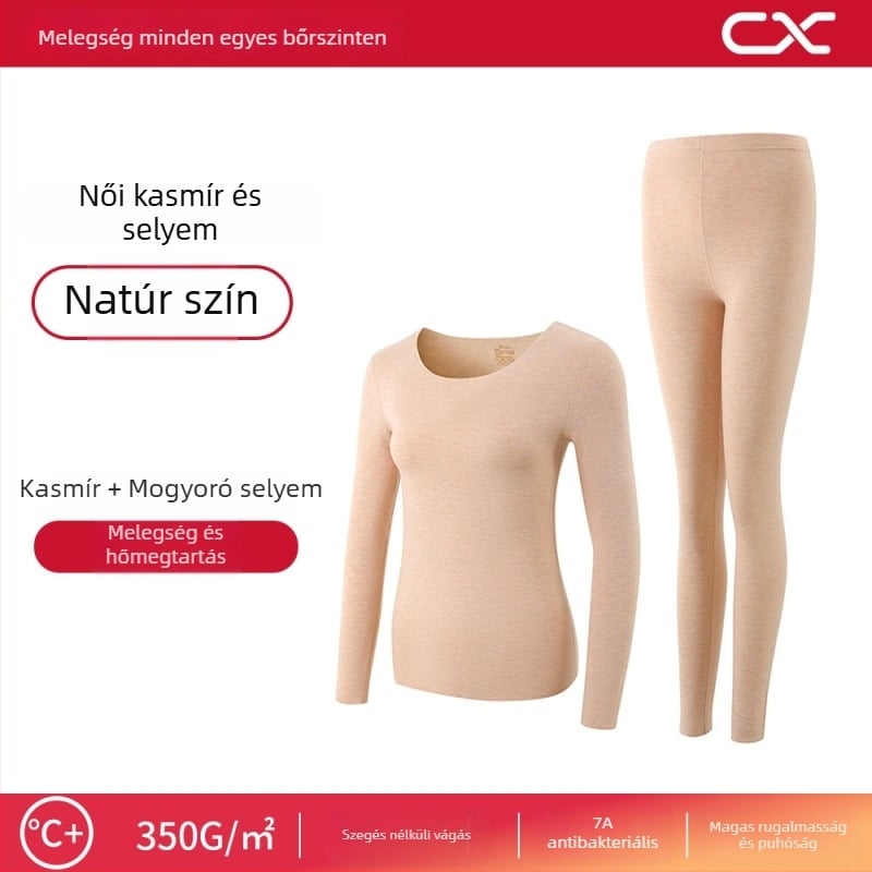Kasmír és selyem melegítő alöltözet nőknek, hosszú ujjú felső, hosszú nadrág, extrán vastag