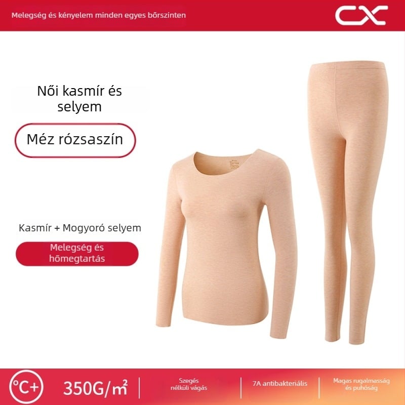 Kasmír és selyem melegítő alöltözet nőknek, hosszú ujjú felső, hosszú nadrág, extrán vastag