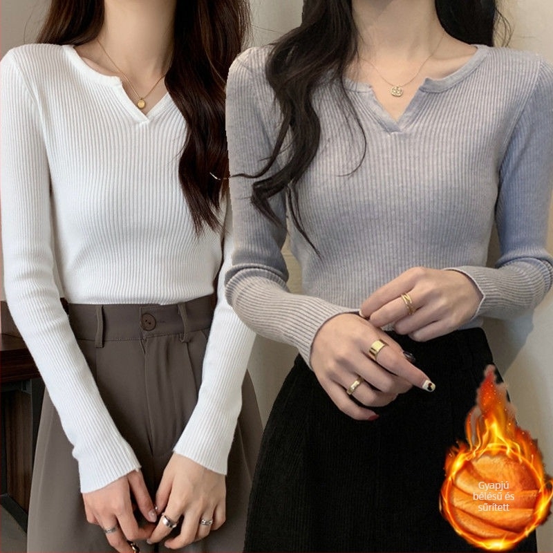 Női kötött felső fleece béléses, V-nyakú, oversize, egyszínű, őszi-téli