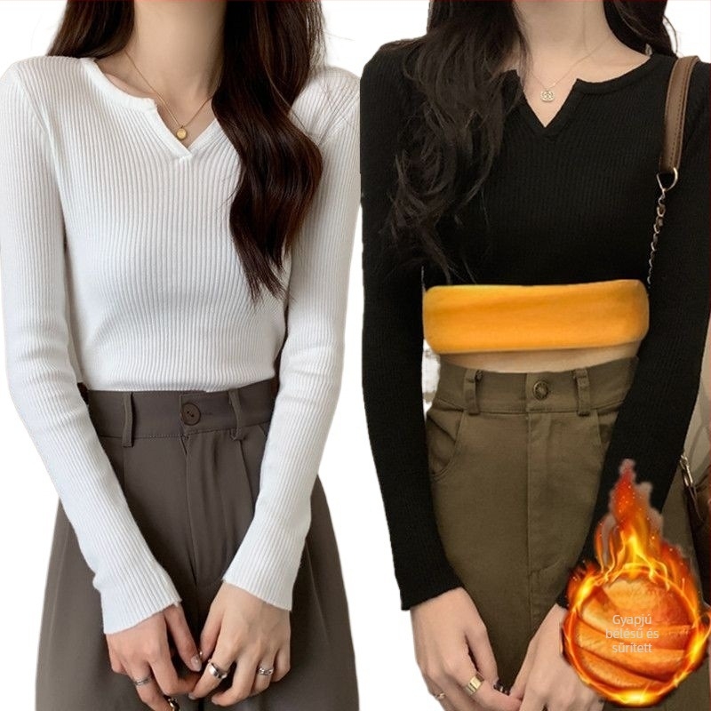 Női kötött felső fleece béléses, V-nyakú, oversize, egyszínű, őszi-téli