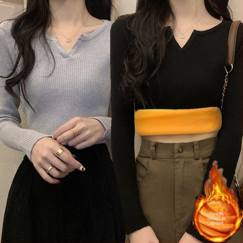 Női kötött felső fleece béléses, V-nyakú, oversize, egyszínű, őszi-téli