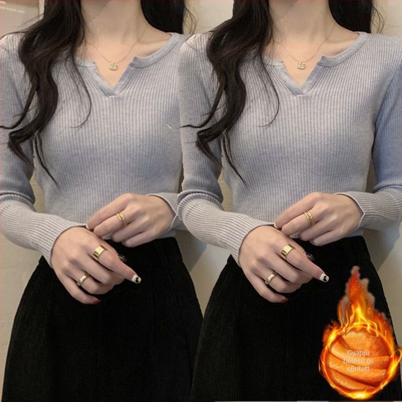 Női kötött felső fleece béléses, V-nyakú, oversize, egyszínű, őszi-téli