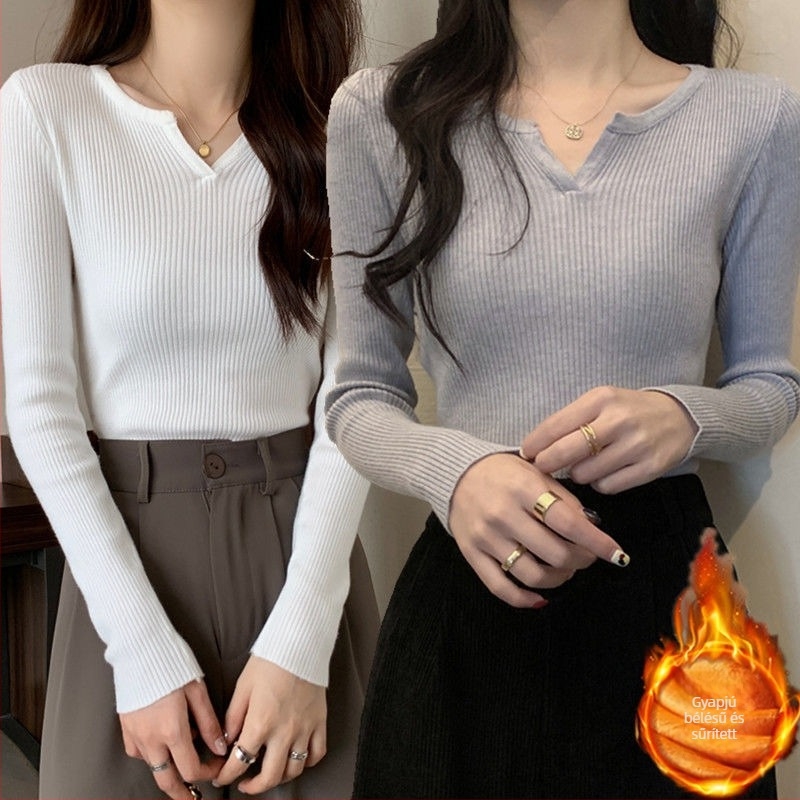 Női kötött felső fleece béléses, V-nyakú, oversize, egyszínű, őszi-téli