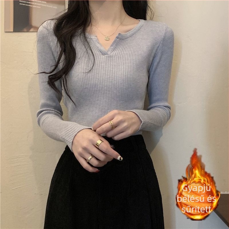 Női kötött felső fleece béléses, V-nyakú, oversize, egyszínű, őszi-téli