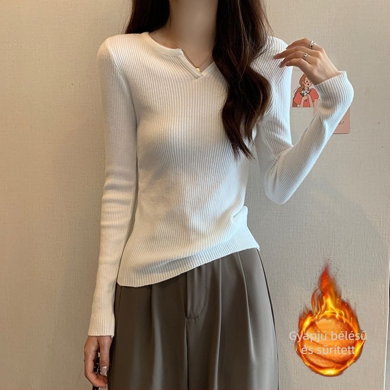 Női kötött felső fleece béléses, V-nyakú, oversize, egyszínű, őszi-téli