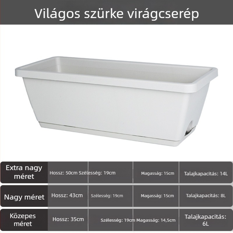 Műanyag virágcserép erkélyre, hosszúkás téglalap alakú virágtartó, nordic stílus, nagy méret, otthoni kertészkedéshez
