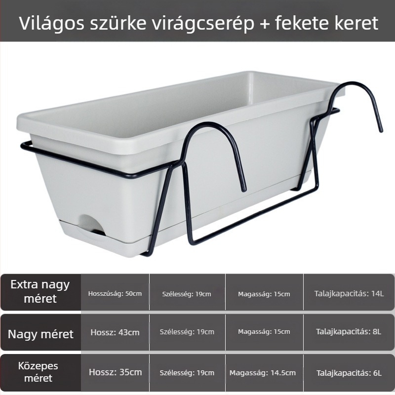 Műanyag virágcserép erkélyre, hosszúkás téglalap alakú virágtartó, nordic stílus, nagy méret, otthoni kertészkedéshez