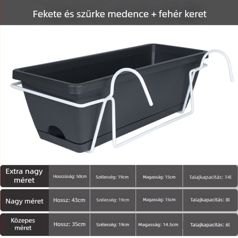 Műanyag virágcserép erkélyre, hosszúkás téglalap alakú virágtartó, nordic stílus, nagy méret, otthoni kertészkedéshez