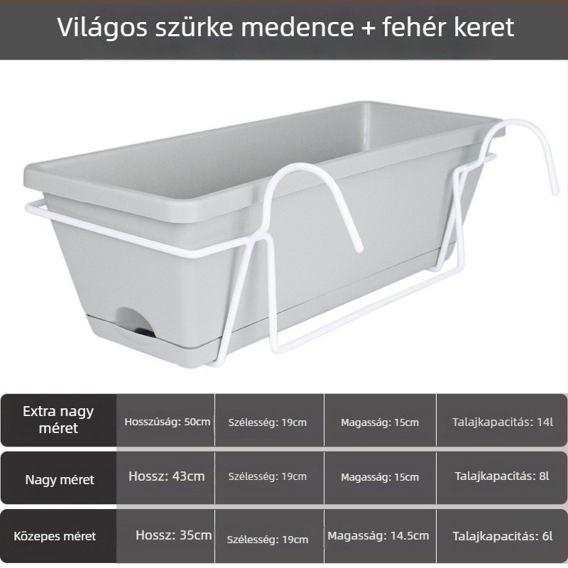 Műanyag virágcserép erkélyre, hosszúkás téglalap alakú virágtartó, nordic stílus, nagy méret, otthoni kertészkedéshez
