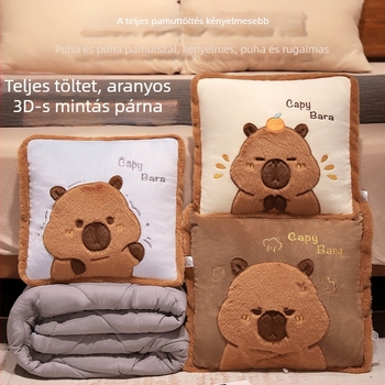 Capybara plüss párna–takaró, 2 az 1-ben kanapéhoz és autóhoz, deréktámasz irodai pihenéshez