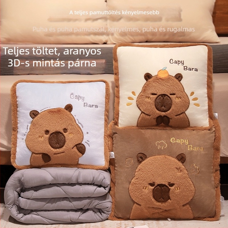 Capybara plüss párna–takaró, 2 az 1-ben kanapéhoz és autóhoz, deréktámasz irodai pihenéshez