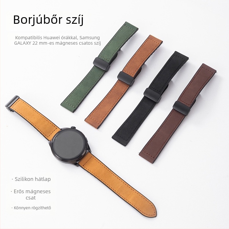 Samsung Watch és Huawei GT3 órákhoz kompatibilis óraszíj: szilikon- és Crazy Horse bőr szíj, összecsukható csattal és mágneses záródással