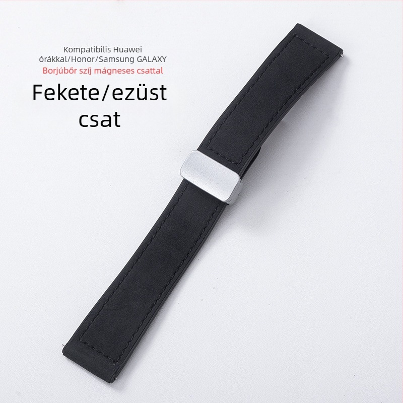 Samsung Watch és Huawei GT3 órákhoz kompatibilis óraszíj: szilikon- és Crazy Horse bőr szíj, összecsukható csattal és mágneses záródással