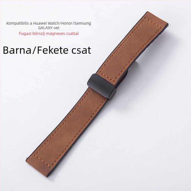Samsung Watch és Huawei GT3 órákhoz kompatibilis óraszíj: szilikon- és Crazy Horse bőr szíj, összecsukható csattal és mágneses záródással