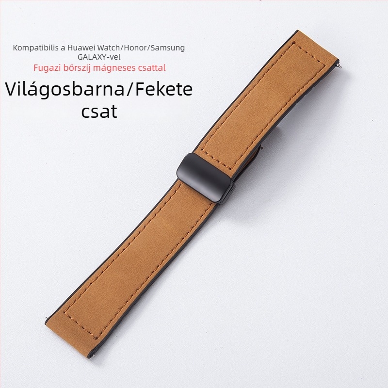 Samsung Watch és Huawei GT3 órákhoz kompatibilis óraszíj: szilikon- és Crazy Horse bőr szíj, összecsukható csattal és mágneses záródással