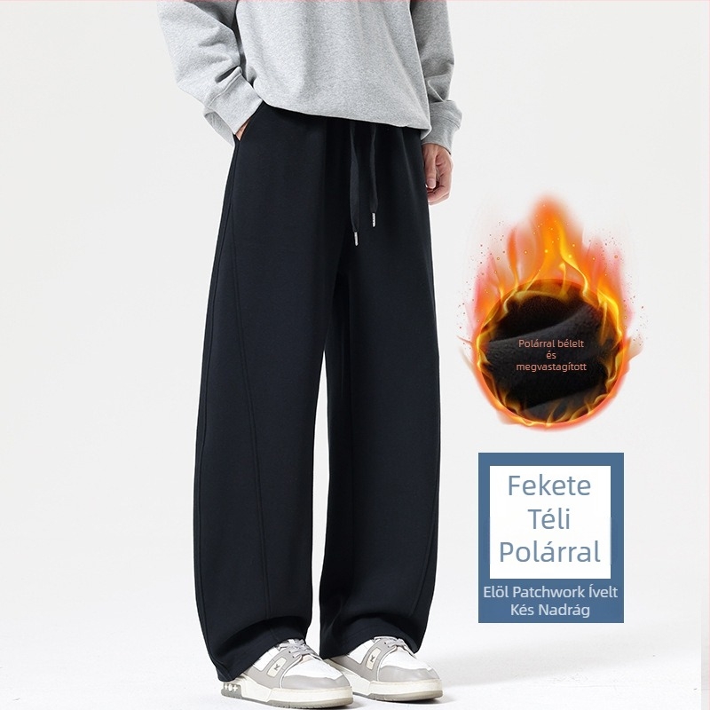 Férfi téli egyenes szabású, laza sportnadrág fleece-beléssel, vastag