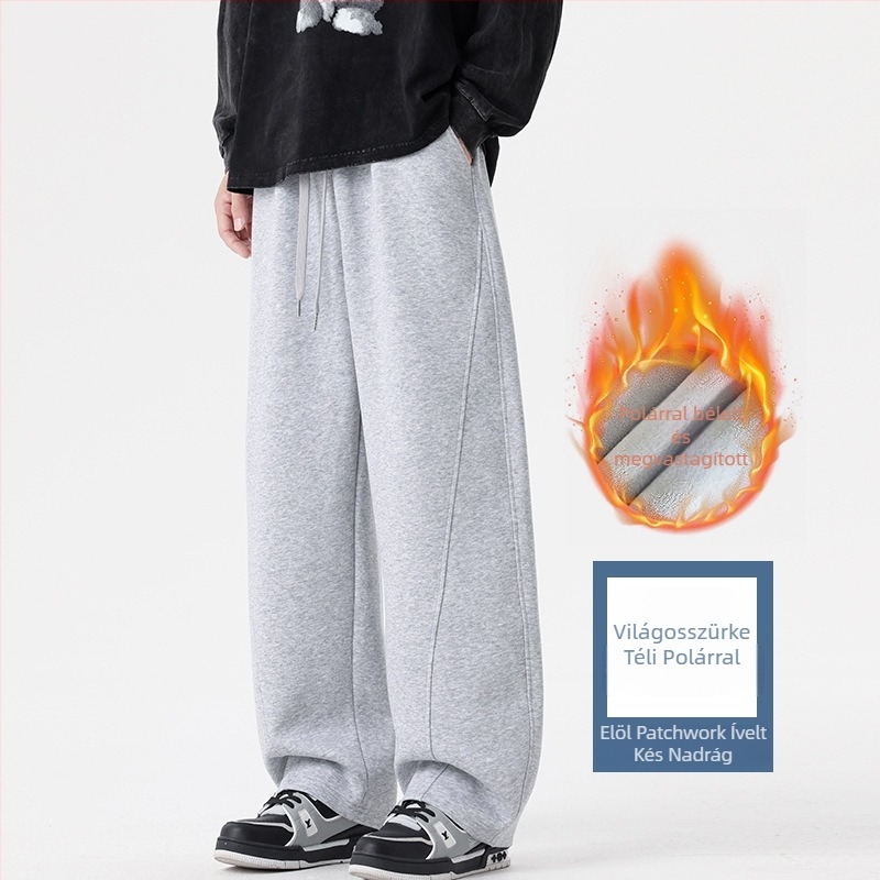 Férfi téli egyenes szabású, laza sportnadrág fleece-beléssel, vastag
