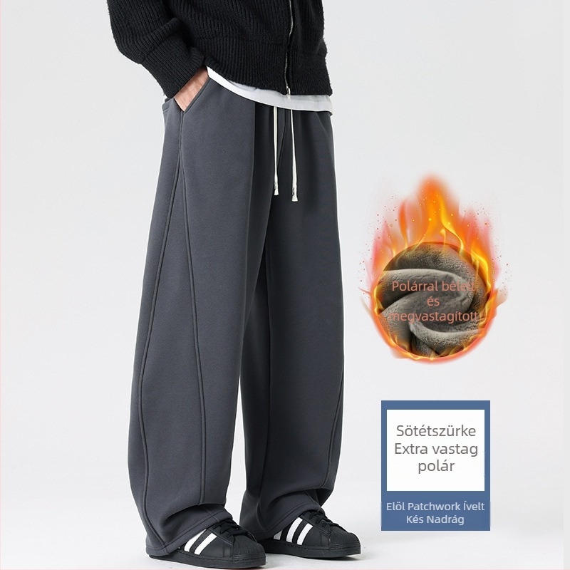 Férfi téli egyenes szabású, laza sportnadrág fleece-beléssel, vastag
