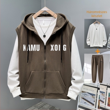 Férfiak számára őszi plusz méretű sportos kétszemélyes szett: laza kapucnis mellény és ujj nélküli kardigán nadrággal, pamut-poliészter