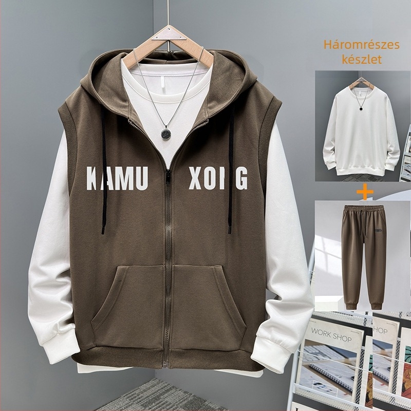 Férfiak számára őszi plusz méretű sportos kétszemélyes szett: laza kapucnis mellény és ujj nélküli kardigán nadrággal, pamut-poliészter