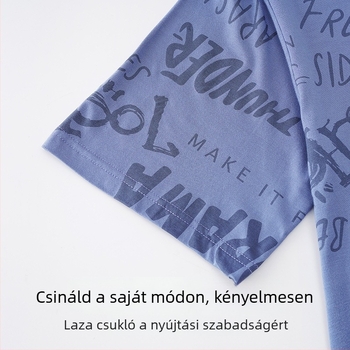 Férfi pizsama készlet, kerek nyakú, 100% pamut, közepes súlyú 181–200 g/m², egyszerű, lezser stílus