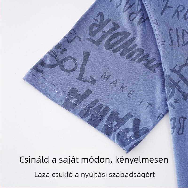 Férfi pizsama készlet, kerek nyakú, 100% pamut, közepes súlyú 181–200 g/m², egyszerű, lezser stílus