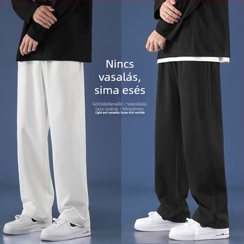 Férfi casual nadrág, lazán egyenes szabás, középső derék övvel, lélegző pamut, egyszínű mintázat, koreai stílus alap