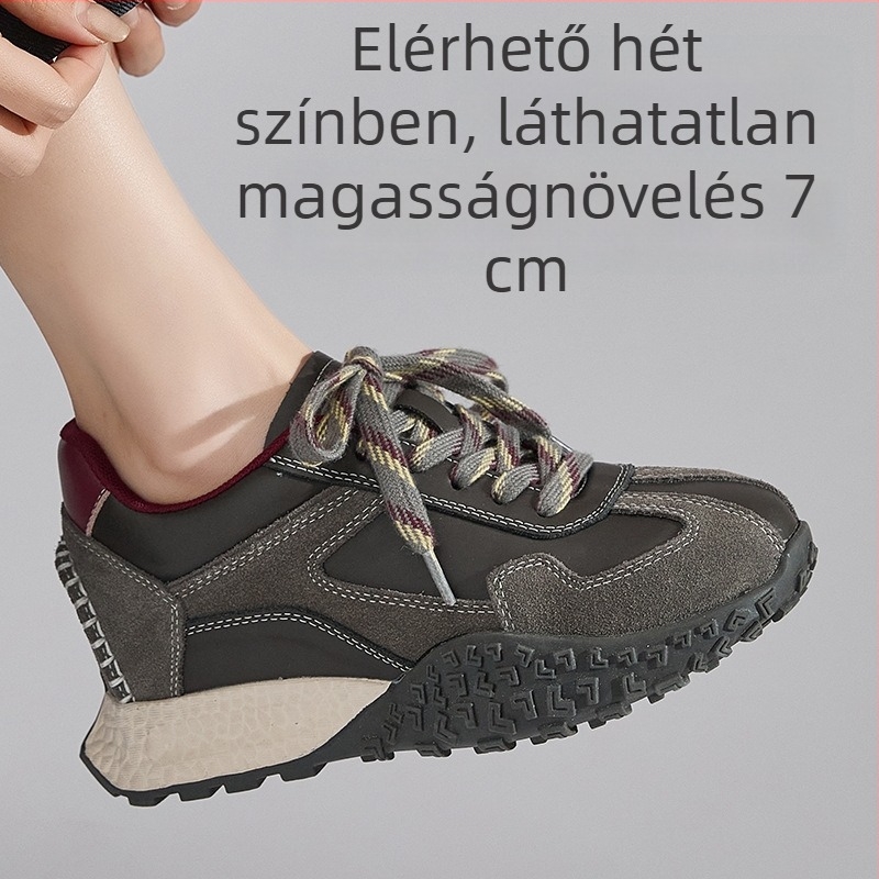 Női platformos edzőcipő — Rejtett 7 cm-es magasságemelés, középmagas felsőrész a boka felett, Felsőrész anyaga: disznó bőr + szintetikus bőr + textil, Belső talp: disznó bőr + latex, Talp: gumi