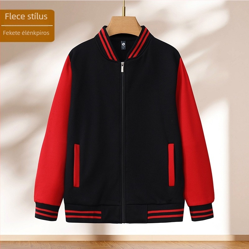 Blokkos mintázatú baseballdzseki cipzárral, álló gallérral, laza szabás, logónyomtatás