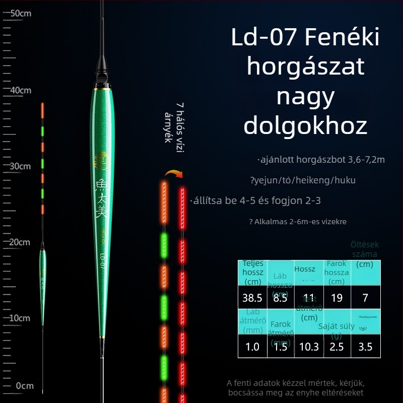 Elektronikus úszó világítóval, harapásjelzővel, színváltó testtel, rövid lábú, karcsú testű, nappali és éjszakai használatra