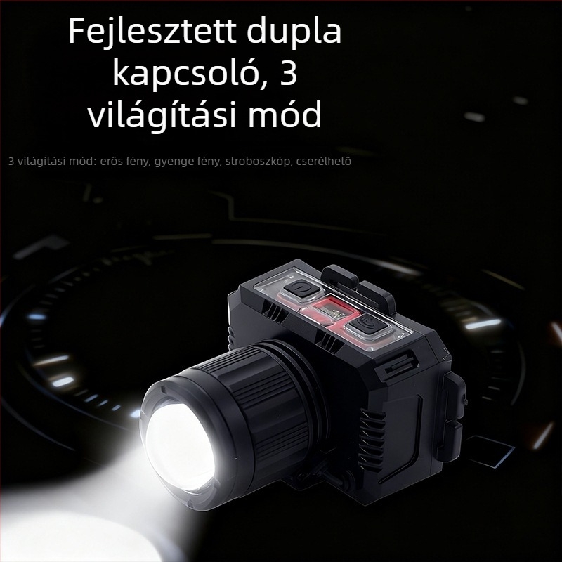 LED újratölthető fejlámpa kültéri használatra, 360° forgás, 1W, 500 mAh akkumulátor, 100–200 m fényhatótáv