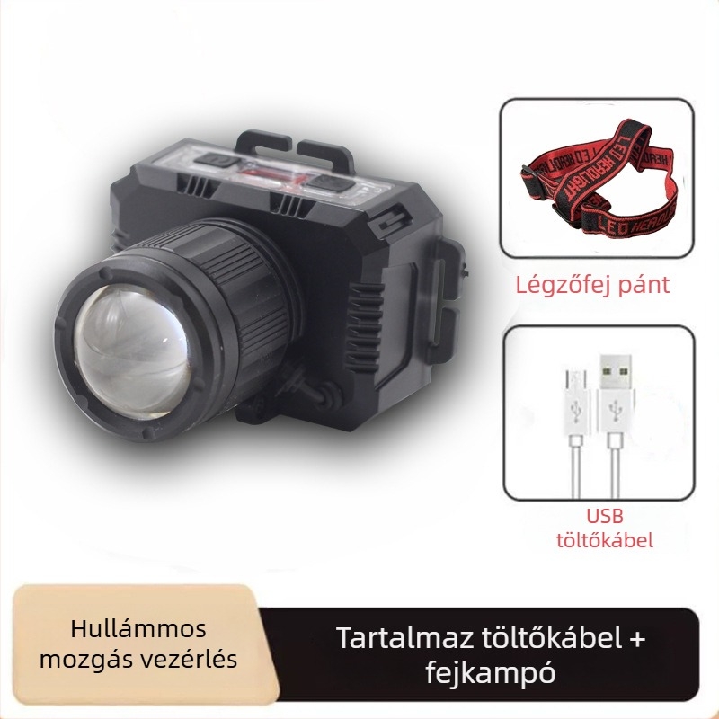LED újratölthető fejlámpa kültéri használatra, 360° forgás, 1W, 500 mAh akkumulátor, 100–200 m fényhatótáv