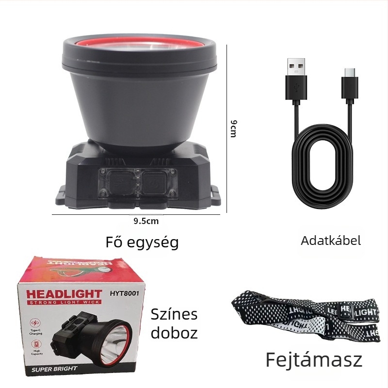 LED újratölthető fejlámpa kültéri használatra, 360° forgás, 1W, 500 mAh akkumulátor, 100–200 m fényhatótáv
