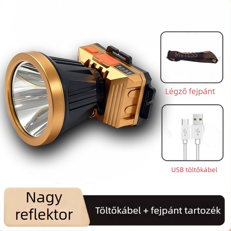 LED újratölthető fejlámpa kültéri használatra, 360° forgás, 1W, 500 mAh akkumulátor, 100–200 m fényhatótáv