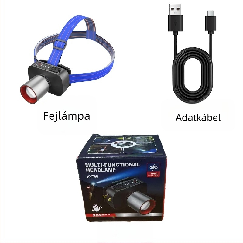LED újratölthető fejlámpa kültéri használatra, 360° forgás, 1W, 500 mAh akkumulátor, 100–200 m fényhatótáv