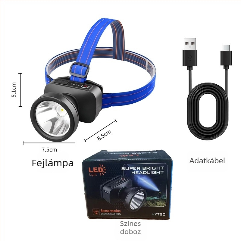 LED újratölthető fejlámpa kültéri használatra, 360° forgás, 1W, 500 mAh akkumulátor, 100–200 m fényhatótáv