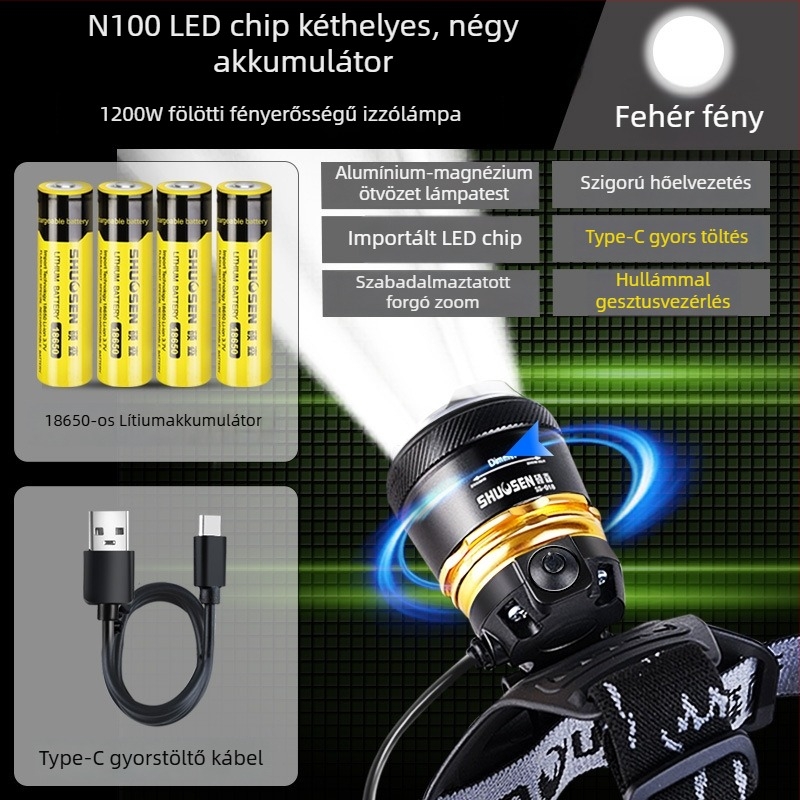 Feltölthető fejlámpa éjszakai horgászathoz, 18650-es akkumulátor, 200–500 m fénysugár, 2–10 órás üzemidő, vízálló