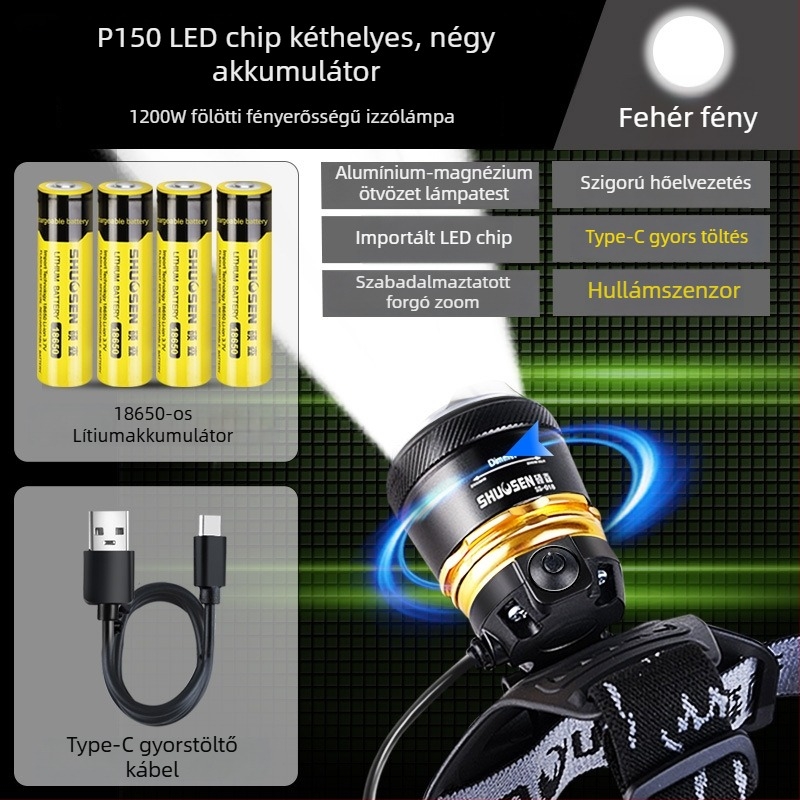 Feltölthető fejlámpa éjszakai horgászathoz, 18650-es akkumulátor, 200–500 m fénysugár, 2–10 órás üzemidő, vízálló