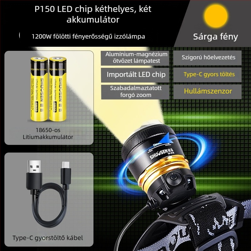 Feltölthető fejlámpa éjszakai horgászathoz, 18650-es akkumulátor, 200–500 m fénysugár, 2–10 órás üzemidő, vízálló