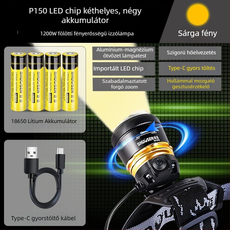 Feltölthető fejlámpa éjszakai horgászathoz, 18650-es akkumulátor, 200–500 m fénysugár, 2–10 órás üzemidő, vízálló