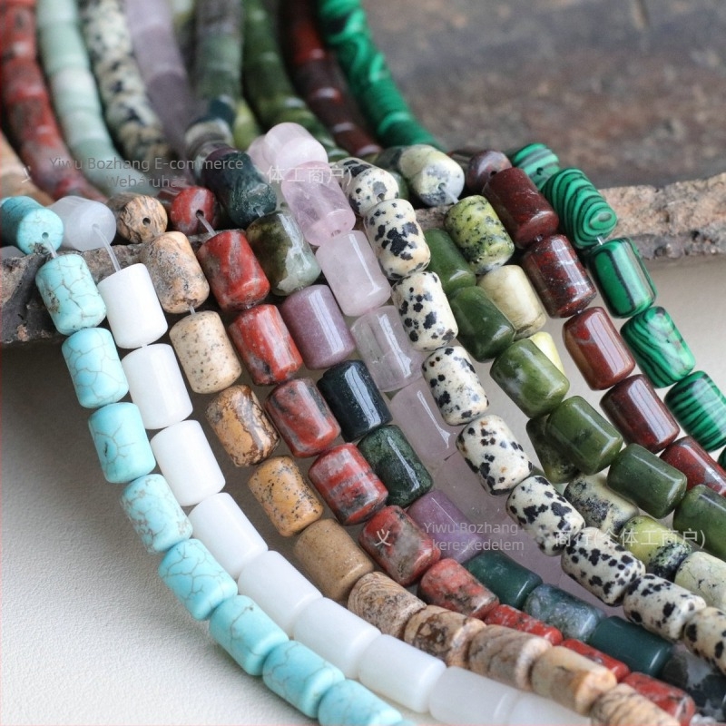 8x12 mm-es kör csőgyöngyök sárga jade, rózsaszín kvarc, olívás jade és pettyezett kő – DIY ékszer gyöngy karkötőhöz