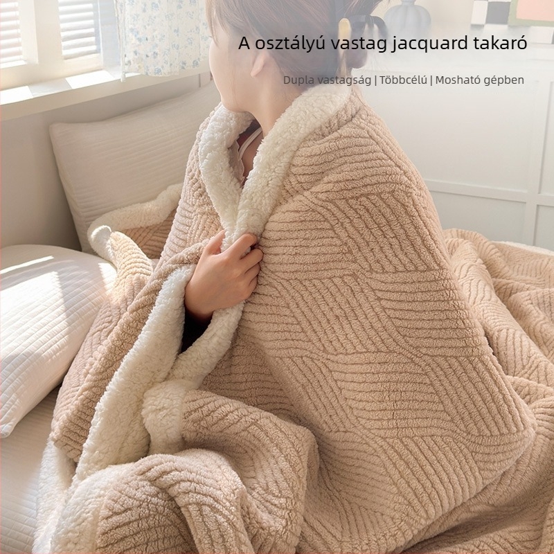 Kétrétegű korall fleece jacquard pléd, vastag téli használatra, irodai kanapéra