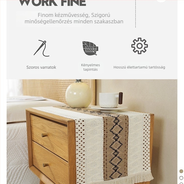 Len asztalterítő futó bojtokkal, skandináv minimalist stílusban, nappaliba