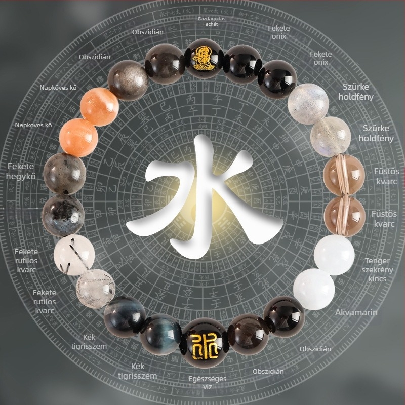 Női öt elem karkötő, természetes citrin kristály, kézzel készített, eredeti dizájn