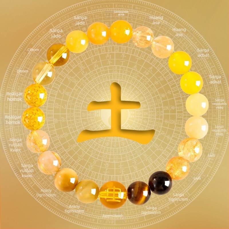 Női öt elem karkötő, természetes citrin kristály, kézzel készített, eredeti dizájn