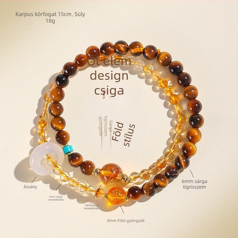 Női öt elem karkötő, természetes citrin kristály, kézzel készített, eredeti dizájn