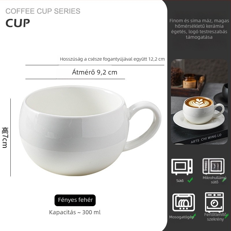 Kézben tartható retro porcelán kávéscsésze, latte art, könnyed luxus stílus, 300 ml