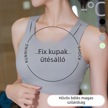 Női sportmelltartó egybeépített, fix párnázott, fő anyag nylon, belső spandex (30–50%), vállpánt nélküli, háromszög alakú kosár, közepes formájú kosár, izzadságelnyelő, futáshoz és jógaedzéshez