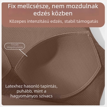 Női sportmelltartó egybeépített, fix párnázott, fő anyag nylon, belső spandex (30–50%), vállpánt nélküli, háromszög alakú kosár, közepes formájú kosár, izzadságelnyelő, futáshoz és jógaedzéshez
